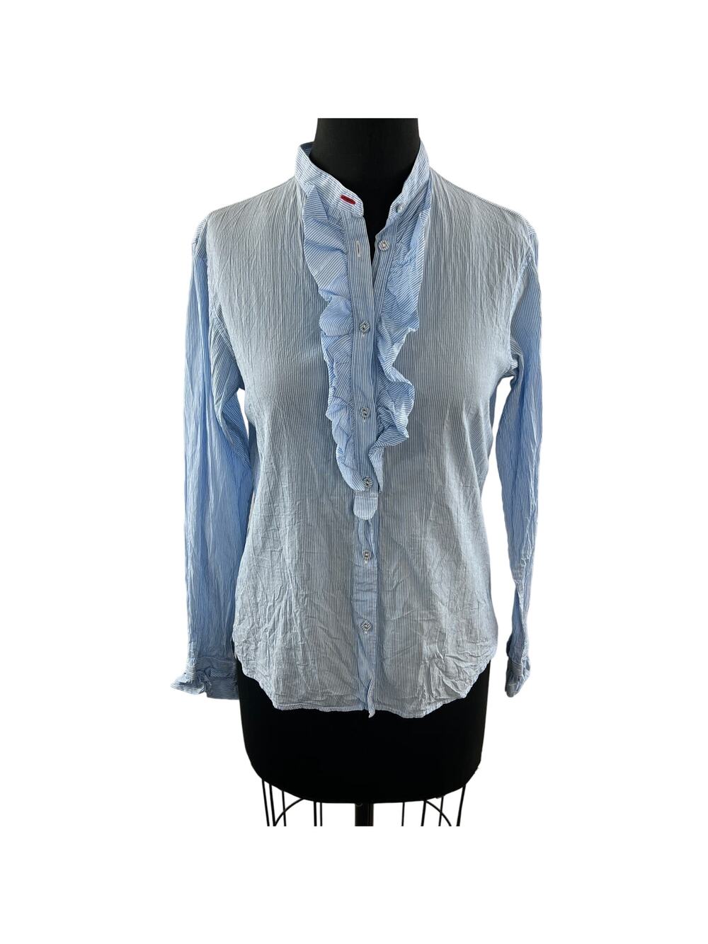 Ines De La Fressange UNI QLO Blue White Top Ruffle Metallic Stripe Size Medium M